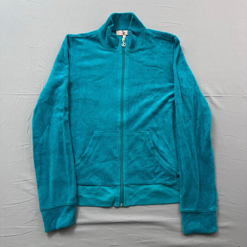 Juicy Couture Velour Track Jacket‎ Teal Blue Zip Up Mock Neck Womens Large